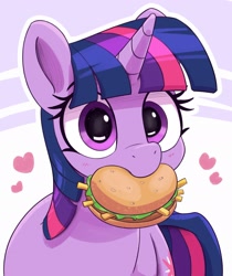 Size: 2230x2653 | Tagged: safe, artist:pabbley, twilight sparkle, pony, unicorn, g4, abstract background, blush lines, blushing, burger, cute, daaaaaaaaaaaw, female, floating heart, food, half body, hay burger, heart, horn, looking at you, mare, mouth hold, nom, solo, that pony sure does love burgers, twiabetes, twilight burgkle, unicorn twilight, weapons-grade cute, wide eyes