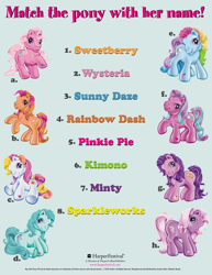 Size: 1280x1656 | Tagged: safe, kimono, minty, pinkie pie (g3), rainbow dash (g3), sparkleworks, sunny daze (g3), sweetberry, wysteria, earth pony, pony, g3, official, 2004, activity book, alternate hair color, cute, dazeabetes, female, g3 dashabetes, g3 diapinkes, green background, green-haired minty, harpercollins, hoof heart, kimonawww, looking at you, mare, open mouth, open smile, orange-and-pink-haired sparkleworks, prototype, raised hoof, rearing, simple background, sitting, smiling, sparklebetes, standing, stock vector, sweet sweetberry, underhoof, wysteriadorable