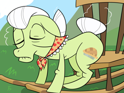 Size: 2802x2100 | Tagged: safe, artist:frownfactory, granny smith, earth pony, pony, g4, atg 2024, elderly, eyes closed, female, mare, newbie artist training grounds, rocking chair, sleeping, solo