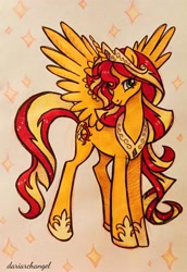 Size: 2360x3432 | Tagged: safe, artist:dariarchangel, part of a set, sunset shimmer, alicorn, pony, g4, alicornified, alternate design, alternate universe, celestia's crown, crown, cute, female, hoof shoes, jewelry, long hair, long mane, mare, peytral, photo, princess shoes, race swap, regalia, shimmerbetes, shimmercorn, sketchbook, smiling, solo, spread wings, tall, thin, traditional art, two toned mane, what if, wings