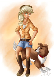 Size: 1024x1449 | Tagged: safe, artist:hyzenthlay89, applejack, winona, dog, human, g4, 2017, applejack's hat, boots, cowboy boots, cowboy hat, duo, female, hat, humanized, shoes