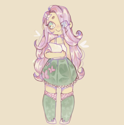 Size: 1642x1646 | Tagged: safe, artist:pandobia, fluttershy, human, equestria girls, g4, beanbrows, boots, clothes, cute, eye clipping through hair, eyebrows, eyebrows visible through hair, flyer, hair over one eye, shoes, shyabetes, simple background, skirt, smiling, solo, tank top, yellow background