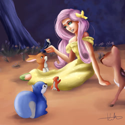 Size: 1024x1024 | Tagged: safe, artist:hyzenthlay89, fluttershy, bird, chipmunk, deer, human, rabbit, squirrel, g4, 2017, animal, bare shoulders, disney, female, humanized, snow white and the seven dwarfs, solo