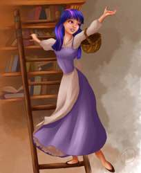 Size: 1024x1255 | Tagged: safe, artist:hyzenthlay89, twilight sparkle, human, g4, 2018, basket, beauty and the beast, belle, book, bookshelf, disney, female, humanized, ladder, solo