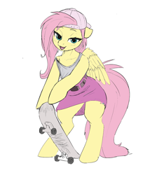 Size: 944x1008 | Tagged: safe, anonymous artist, artist:misty breeze, color edit, edit, gameloft, fluttershy, pegasus, semi-anthro, g4, my little pony: magic princess, 90s grunge fluttershy, alternate clothes, alternate hairstyle, arm hooves, backwards ballcap, baseball cap, bipedal, cap, clothes, colored, female, floppy ears, hat, lidded eyes, looking at you, mare, open mouth, simple background, skateboard, skirt, solo, tank top, white background