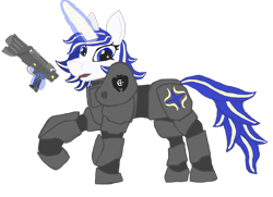 Size: 1800x1300 | Tagged: safe, artist:silverfishv9, oc, oc only, oc:azure star (silverfishv9), pony, unicorn, armor, blue eyes, blue mane, clothes, crossover, cutie mark on clothes, fallout, glowing, glowing horn, highlights, horn, magic, power armor, simple background, solo, telekinesis, transparent background, unicorn oc, weapon