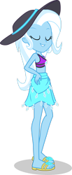 Size: 1280x3106 | Tagged: safe, artist:dustinwatsongkx, trixie, human, equestria girls, g4, accessory swap, clothes, clothes swap, eyes closed, female, hat, midriff, rarity's blue sarong, rarity's purple bikini, sandals, sarong, simple background, solo, swimsuit, swimsuit swap, transparent background, vector