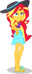 Size: 1280x2974 | Tagged: safe, artist:dustinwatsongkx, sunset shimmer, human, equestria girls, g4, accessory swap, clothes, clothes swap, female, hat, rarity's blue sarong, rarity's purple bikini, sandals, sarong, simple background, solo, swimsuit, swimsuit swap, transparent background, vector