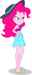 Size: 1280x2989 | Tagged: safe, artist:dustinwatsongkx, pinkie pie, human, equestria girls, g4, accessory swap, bedroom eyes, clothes, clothes swap, female, rarity's blue sarong, rarity's purple bikini, sandals, sarong, simple background, solo, swimsuit, swimsuit swap, transparent background, vector