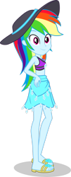 Size: 1280x3162 | Tagged: safe, artist:dustinwatsongkx, rainbow dash, human, equestria girls, g4, accessory swap, armpits, bare arms, bare legs, bare shoulders, beads, bikini, bikini top, blue skin, clothes, clothes swap, diamonds, female, geode of shielding, grin, hat, jewelry, magical geodes, multicolored hair, necklace, pink eyes, rainbow hair, rarity's blue sarong, rarity's purple bikini, sandals, sarong, simple background, skirt, sleeveless, smiling, solo, sun hat, swimsuit, swimsuit swap, transparent background, vector