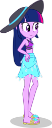Size: 1280x3106 | Tagged: safe, artist:dustinwatsongkx, twilight sparkle, human, equestria girls, g4, accessory swap, bare shoulders, clothes, clothes swap, female, hat, rarity's blue sarong, rarity's purple bikini, sandals, sarong, simple background, sleeveless, solo, swimsuit, swimsuit swap, transparent background, vector