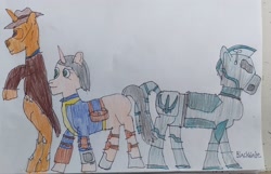 Size: 3382x2183 | Tagged: safe, artist:blackblade360, earth pony, ghoul, pony, undead, unicorn, zombie, zombie pony, 2024, armor, atg 2024, brotherhood of steel, clothes, coat, colored pencil drawing, cooper howard/the ghoul, crossover, fallout, fallout (show), female, hat, horn, irl, jumpsuit, lucy maclean, male, mare, maximus, newbie artist training grounds, paper, photo, pipboy, pipbuck, ponified, power armor, rearing, signature, stallion, traditional art, vault suit, video game crossover