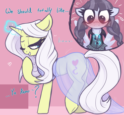 Size: 2900x2700 | Tagged: safe, artist:t72b, inky rose, lily lace, pegasus, pony, unicorn, g4, aroused, bedroom eyes, blushing, clothes, duo, duo female, female, floppy ears, horn, imminent sex, lesbian, magic, mare, one eye closed, raised hoof, see-through, ship:inky lace, shipping, spread wings, undressing, wide eyes, wingboner, wings, wink