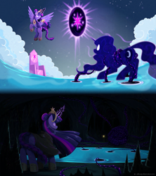 Size: 1920x2160 | Tagged: safe, artist:willoillo, tantabus, twilight sparkle, alicorn, pony, g4, cave, commission, duo, twilight sparkle (alicorn)