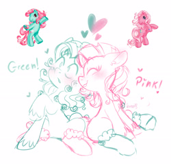 Size: 2586x2492 | Tagged: safe, artist:soniana_draws, minty, pinkie pie (g3), earth pony, a very minty christmas, g3, blushing, clothes, duo, duo female, female, floating heart, heart, lesbian, nuzzling, ship:mintypie, shipping, simple background, sitting, sketch, socks, unshorn fetlocks, white background