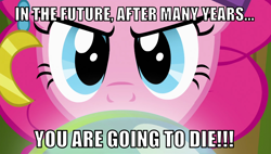 Size: 1056x600 | Tagged: safe, edit, edited screencap, editor:twi clown, screencap, pinkie pie, earth pony, pony, g4, it's about time, season 2, caption, crystal ball, female, image macro, madame pinkie, mare, text