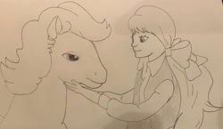 Size: 3486x2023 | Tagged: safe, artist:mlpfantealmintmoonrise, firefly, megan williams, pegasus, g1, atg 2024, centaurworld, duo, duo female, female, monochrome, newbie artist training grounds, pencil drawing, photo, picture, reference, scene interpretation, simple background, traditional art