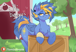 Size: 2900x2000 | Tagged: safe, artist:tombstonie, oc, oc only, oc:shina, pegasus, pony, barn, bipedal, bipedal leaning, box, butt, chest fluff, ear fluff, ear piercing, female, flirting, heart, leaning, mare, piercing, plot, solo, speech bubble, tree