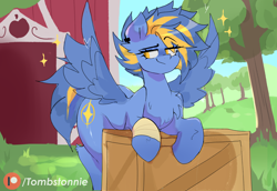 Size: 2900x2000 | Tagged: safe, artist:tombstonie, oc, oc only, oc:shina, pegasus, pony, bandage, barn, bipedal, bipedal leaning, box, butt, chest fluff, ear fluff, ear piercing, female, female oc, leaning, mare, piercing, plot, seductive, smiling, solo, sparkles, spread wings, tree, wings