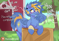 Size: 2900x2000 | Tagged: safe, artist:tombstonie, oc, oc only, oc:shina, pegasus, pony, bandage, barn, bipedal, bipedal leaning, blushing, box, butt, chest fluff, ear fluff, ear piercing, female, female oc, leaning, mare, piercing, plot, short mane, solo, suggestive description, text, tree, wing hands