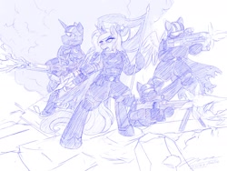 Size: 1920x1440 | Tagged: safe, artist:novaintellus, princess luna, alicorn, pony, semi-anthro, g4, armor, flag, gun, helldivers 2, helmet, lunar republic, weapon