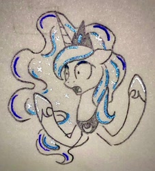 Size: 1353x1487 | Tagged: safe, artist:astralune, princess luna, alicorn, pony, g4, bust, crown, ethereal mane, hoof shoes, jewelry, lineart, open mouth, pencil drawing, peytral, regalia, shocked, solo, starry mane, traditional art