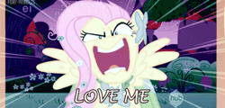 Size: 400x192 | Tagged: safe, artist:the-pony-princess, edit, edited screencap, screencap, fluttershy, pegasus, pony, g4, season 1, the best night ever, animated, clothes, dress, ei, female, flutterrage, gala dress, gif, hub logo, logo, mare, speed lines, the hub, you're going to love me