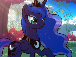 Size: 800x600 | Tagged: safe, artist:rangelost, princess luna, alicorn, pony, cyoa:d20 pony, g4, canterlot castle, concave belly, crown, cyoa, digital art, ethereal mane, ethereal tail, female, first person view, garden, jewelry, mare, offscreen character, pixel-crisp art, pov, regalia, slender, smiling, solo, story included, tail, thin