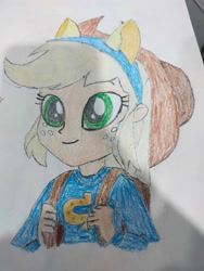 Size: 3000x4000 | Tagged: safe, applejack, equestria girls, g4, bag, canterlot high, cowboy hat, cowgirl, drawing, fake ears, green eyes, hat, solo, stetson, traditional art