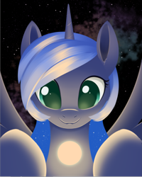 Size: 1693x2114 | Tagged: safe, artist:dusthiel, princess luna, alicorn, pony, g4, atg 2024, colored pupils, cute, female, lunabetes, mare, newbie artist training grounds, pony bigger than a star, smiling, solo, space, spread wings, sun, wings