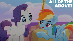 Size: 2000x1125 | Tagged: safe, edit, edited screencap, editor:quoterific, screencap, rainbow dash, rarity, pegasus, pony, unicorn, g4, my little pony: rainbow roadtrip, duo, duo female, female, hoof heart, horn, hot air balloon, lidded eyes, underhoof