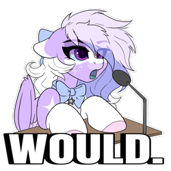 Size: 3464x3464 | Tagged: safe, artist:skyboundsiren, oc, oc only, oc:siren andromeda, alien, alien pony, pegasus, pony, bell, bow, bowtie, colored sclera, ears back, emote, fangs, female, hair bow, meme, microphone, simple background, solo, sticker, transparent background, wings, would