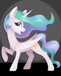 Size: 1675x2092 | Tagged: safe, artist:dusthiel, princess celestia, pony, g4, atg 2024, colored, concave belly, ethereal mane, ethereal tail, female, folded wings, long mane, mare, newbie artist training grounds, posing for photo, raised hoof, slender, solo, tail, thin, turned head, wings