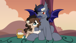 Size: 1920x1081 | Tagged: safe, artist:cirillaq, oc, oc only, oc:lunar night, oc:ryolit, bat pony, pony, basket, duo, duo male and female, father and child, father and daughter, female, filly, flower, foal, male, stallion, tree