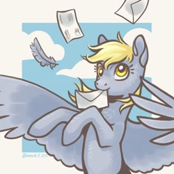 Size: 1228x1228 | Tagged: safe, artist:dany-the-hell-fox, derpy hooves, pegasus, pony, g4, cloud, feather, letter, mouth hold, passepartout, sky, solo, spread wings, wings