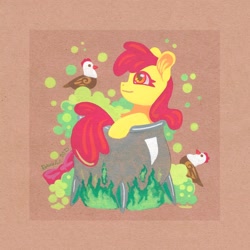 Size: 1228x1228 | Tagged: safe, artist:dany-the-hell-fox, apple bloom, bird, chicken, earth pony, pony, g4, cauldron, passepartout, smiling, solo