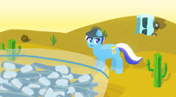 Size: 1024x570 | Tagged: safe, artist:serverok, minuette, pony, unicorn, g4, blue eyes, breaking bad, cactus, desert, female, hat, horn, mare, say my name, solo, toothbrush
