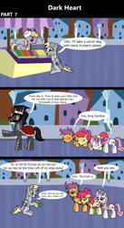 Size: 1920x3516 | Tagged: safe, artist:platinumdrop, apple bloom, derpy hooves, king sombra, scootaloo, sweetie belle, oc, crystal pony, earth pony, pegasus, pony, unicorn, comic:dark heart, g4, 3 panel comic, abuse, alternate timeline, applebuse, armor, bound wings, bowing, bread, carrot, carrot dog, chains, collar, comic, commission, crumbs, crystal, crystal castle, crystal empire, curved horn, cutie mark crusaders, derpybuse, dialogue, eyes closed, female, folded wings, food, hoof hold, horn, looking at each other, looking at someone, male, mare, messy eating, mustard, nervous, older, older apple bloom, older cmc, older derpy hooves, older scootaloo, older sweetie belle, sauce, scootabuse, sitting, slave, slave collar, smiling, speech bubble, stallion, sweetiebuse, this will not end well, victorious villain, walking, wing cuffs, wings