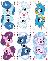 Size: 4800x6000 | Tagged: safe, artist:parclytaxel, double diamond, gallus, night glider, party favor, silverstream, sugar belle, classical hippogriff, earth pony, griffon, hippogriff, pegasus, pony, unicorn, series:parcly's pony pattern playing cards, g4, .svg available, absurd resolution, ace of clubs, ace of diamonds, ace of hearts, ace of spades, bust, equal four, female, horn, joker, male, mare, open mouth, open smile, playing card, portrait, rotational symmetry, ship:gallstream, shipping, simple background, smiling, stallion, straight, vector, white background