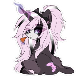 Size: 2000x2000 | Tagged: safe, artist:skyboundsiren, oc, oc only, oc:digit morose, pony, unicorn, chips, choker, ear piercing, eating, female, food, goth, headphones, horn, lip piercing, magic, makeup, piercing, simple background, sitting, solo, spiked choker, sticker, transparent background