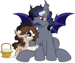 Size: 1920x1621 | Tagged: safe, alternate version, artist:cirillaq, oc, oc only, oc:lunar night, oc:ryolit, bat pony, pony, basket, duo, duo male and female, father and child, father and daughter, female, filly, flower, foal, male, simple background, stallion, transparent background