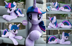 Size: 2500x1600 | Tagged: safe, artist:meplushyou, twilight sparkle, alicorn, pony, g4, book, couch, female, folded wings, irl, life size, lying down, mare, photo, plushie, prone, solo, twilight sparkle (alicorn), wings