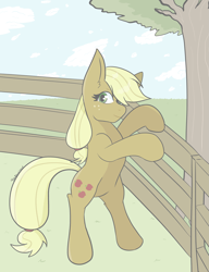 Size: 2787x3634 | Tagged: safe, artist:tkshoelace, applejack, earth pony, pony, g4, bipedal, cloud, ear fluff, female, fence, freckles, grass, hairband, looking at you, mare, solo, tail, tail band, tree