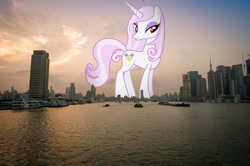 Size: 2048x1363 | Tagged: safe, artist:90sigma, edit, editor:jaredking779, fleur-de-lis, pony, unicorn, g4, attack on pony, china, concave belly, eyeshadow, female, giant pony, giantess, highrise ponies, horn, irl, lidded eyes, looking at you, macro, makeup, mare, photo, ponies in real life, red eyes, shanghai, smiling, solo, story included