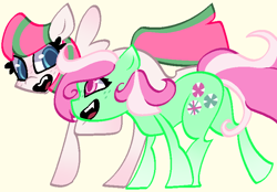 Size: 766x534 | Tagged: safe, artist:kharmacal, blossomforth, minty (g4), earth pony, pegasus, g4, cute, cute little fangs, duo, duo female, fangs, female, looking at each other, looking at someone, open mouth, open smile, running, simple background, smiling, unwatermarked, white background