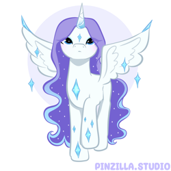 Size: 640x640 | Tagged: safe, artist:pinzillastudio, oc, oc only, alicorn, pony, g4, alicorn oc, blushing, ethereal mane, eye clipping through hair, eyeshadow, female, fusion, fusion:princess luna, fusion:rariluna, fusion:rarity, gem, horn, long hair, makeup, raised hoof, simple background, solo, spread wings, white background, wings