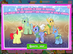 Size: 2048x1536 | Tagged: safe, gameloft, beachcomber (g4), bow hothoof, bright mac, carapace (g4), grand pear, changeling, earth pony, pegasus, pony, g4, my little pony: magic princess, banner, portuguese, screenshots