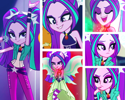 Size: 400x320 | Tagged: safe, edit, edited screencap, screencap, aria blaze, human, equestria girls, g4, my little pony equestria girls: rainbow rocks, bare shoulders, collage, female, gem, microphone, siren gem