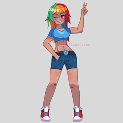 Size: 4000x4000 | Tagged: safe, artist:dearycocoa, rainbow dash, human, g4, abs, alternate hairstyle, belly, belly button, belt, clothes, converse, cute, dashabetes, female, fit, gray background, grin, humanized, midriff, multicolored hair, muscles, muscular female, one eye closed, peace sign, rainbow hair, shirt, shoes, short shirt, shorts, simple background, slender, smiling, solo, t-shirt, thin, wink