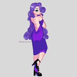 Size: 4000x4000 | Tagged: safe, artist:dearycocoa, rarity, human, g4, alternate hairstyle, back, backless, clothes, cute, dress, eyeshadow, feet, female, gray background, high heels, humanized, lipstick, makeup, open toe shoes, raribetes, shoes, simple background, solo